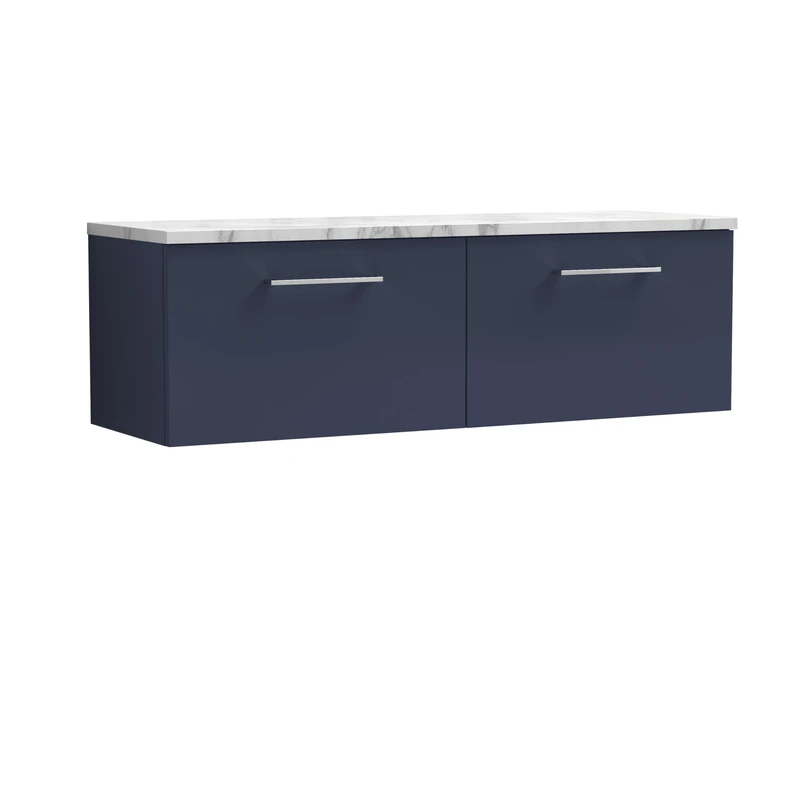 nuie ARN2922LCM2 Arno Modern Bathroom Wall Hung 2 Soft Close Drawer Vanity Unit and Carrera Marble Laminate Worktop, 1200mm, Midnight Blue