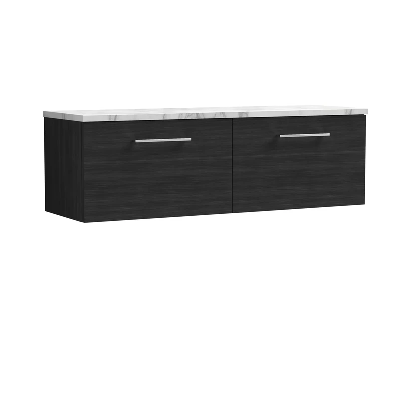 nuie ARN622LCM2 Arno Modern Bathroom Wall Hung 2 Soft Close Drawer Vanity Unit and Carrera Marble Laminate Worktop, 1200mm, Charcoal Black Woodgrain