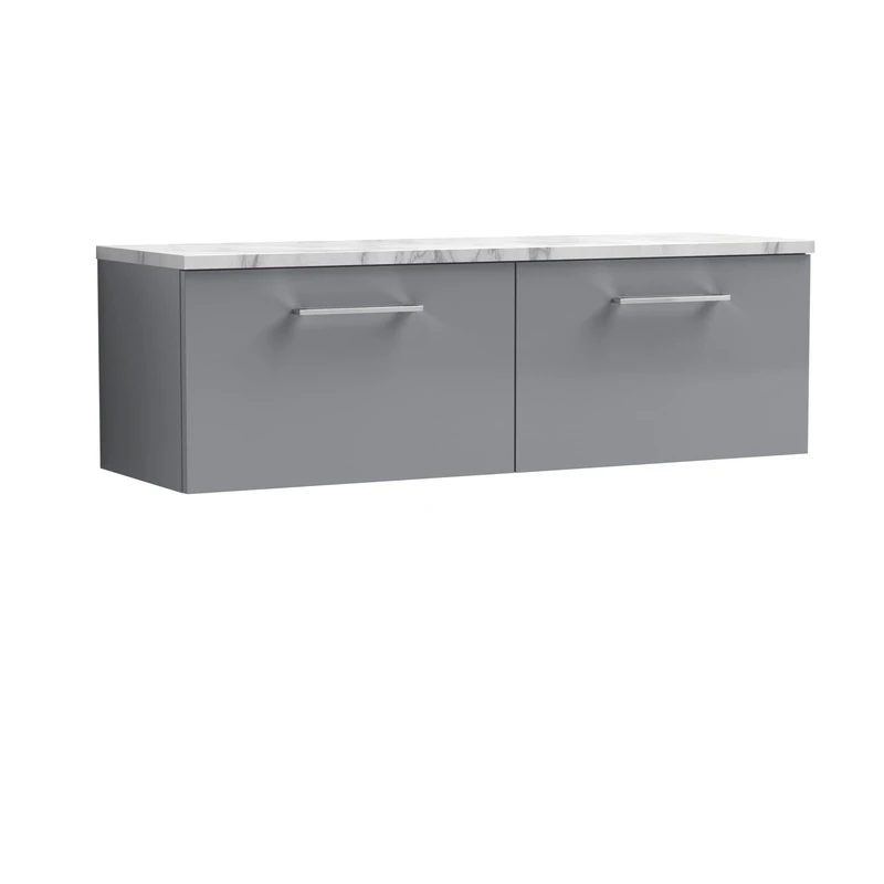 nuie ARN2222LCM2 Arno Modern Bathroom Wall Hung 2 Soft Close Drawer Vanity Unit and Carrera Marble Laminate Worktop, 1200mm, Satin Grey