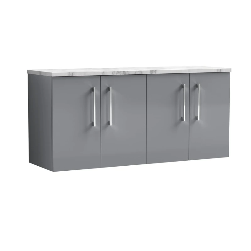 nuie ARN2223LCM2 Arno Modern Bathroom Wall Hung 4 Soft Close Door Vanity Unit and Carrera Marble Laminate Worktop, 1200mm, Satin Grey