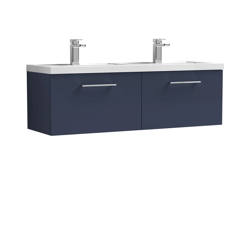 nuie ARN2922C Arno Modern Bathroom Wall Hung 2 Soft Close Drawer Vanity Unit and Polymarble Basin, 1200mm, Midnight Blue
