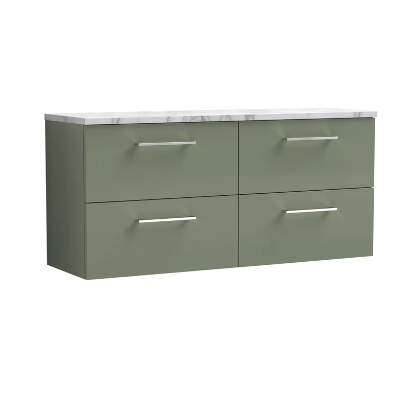 nuie ARN824LCM2 Arno Modern Bathroom Wall Hung 4 Soft Close Drawer Vanity Unit and Carrera Marble Laminate Worktop, 1200mm, Satin Green