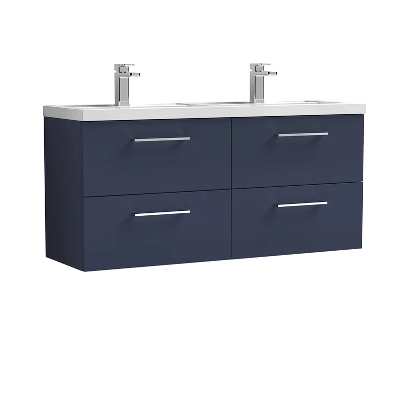 nuie ARN2924C Arno Modern Bathroom Wall Hung 4 Soft Close Drawer Vanity Unit and Polymarble Basin, 1200mm, Midnight Blue