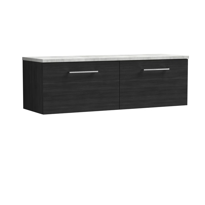 nuie ARN622LBG2 Arno Modern Bathroom Wall Hung 2 Soft Close Drawer Vanity Unit and Bellato Grey Laminate Worktop, 1200mm, Charcoal Black Woodgrain