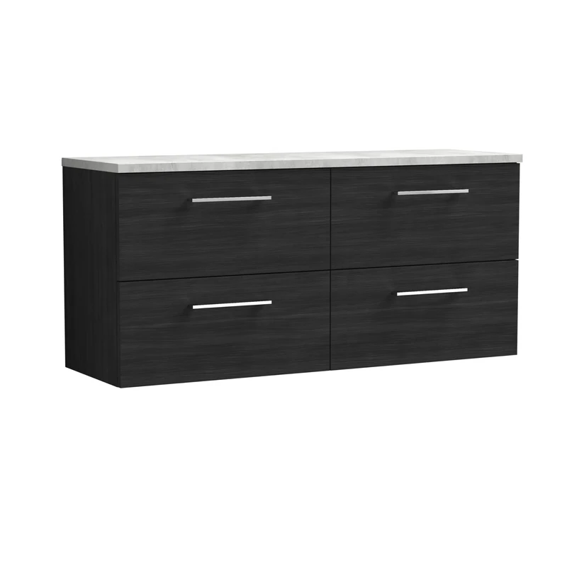 nuie ARN624LBG2 Arno Modern Bathroom Wall Hung 4 Soft Close Drawer Vanity Unit and Bellato Grey Laminate Worktop, 1200mm, Charcoal Black Woodgrain