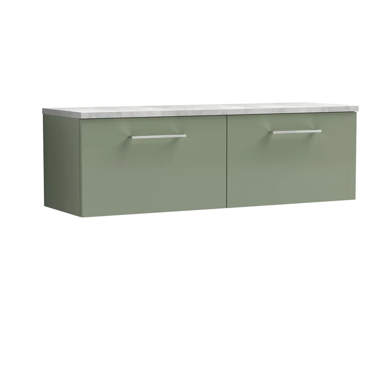 nuie ARN822LBG2 Arno Modern Bathroom Wall Hung 2 Soft Close Drawer Vanity Unit and Bellato Grey Laminate Worktop, 1200mm, Satin Green