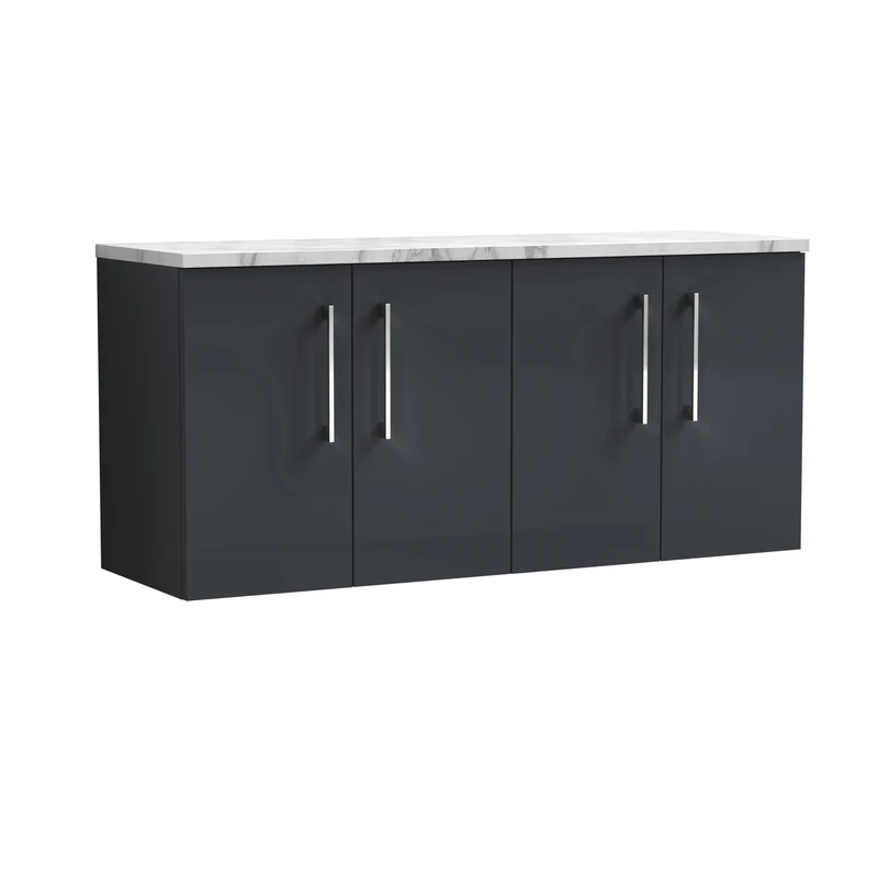 nuie ARN1423LCM2 Arno Modern Bathroom Wall Hung 4 Close Door Vanity Unit and Carrera Marble Laminate Worktop, 1200mm, Soft Black