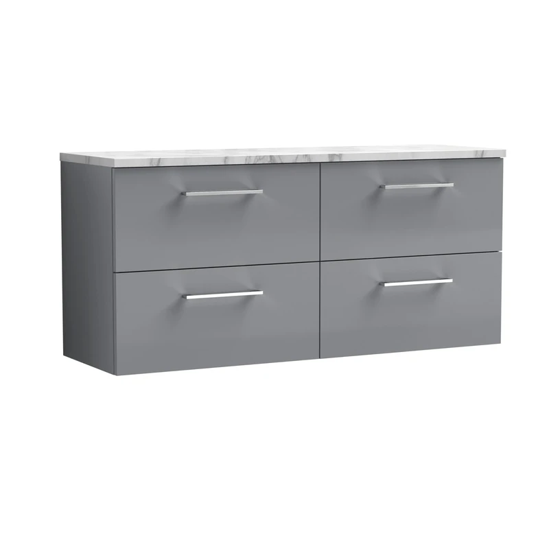 nuie ARN2224LCM2 Arno Modern Bathroom Wall Hung 4 Soft Close Drawer Vanity Unit and Carrera Marble Laminate Worktop, 1200mm, Satin Grey
