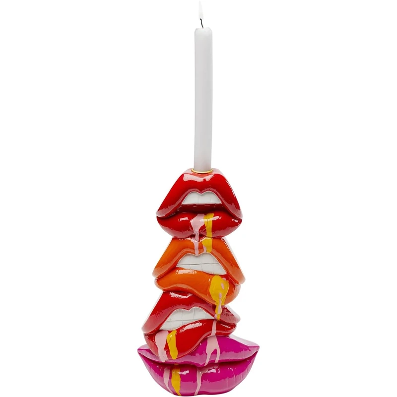 Kare Design Candle Holder Lips, Pink/Orange/Red, Pop Art, Small Gift Idea for 1 Candle Stick, Room Decor, Home Decor for Living Room, Bedroom, Hallway, 30x17x9 cm (H/W/D)
