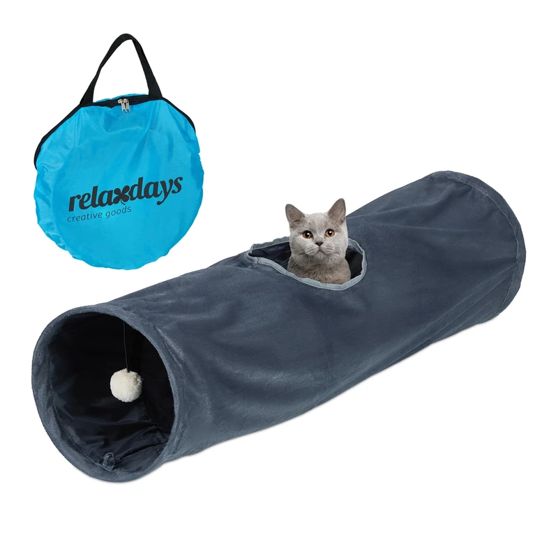 Relaxdays Cat Tunnel, Soft Plush Lining, with Play Ball, Foldable, W x D: 88 x 25 cm, Interactive Toy, Grey, Polyester, 25 x 88 x 25 cm