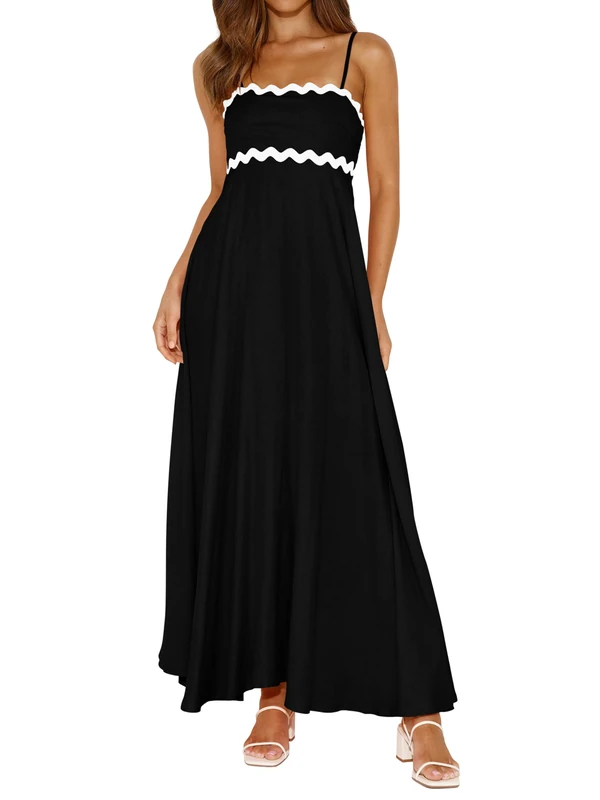 PRETTYGARDEN Womens Spaghetti Strap Maxi Dresses 2025 Summer Casual Sleeveless Smocked Boho A Line Long Flowy Beach Sundress, Black, M