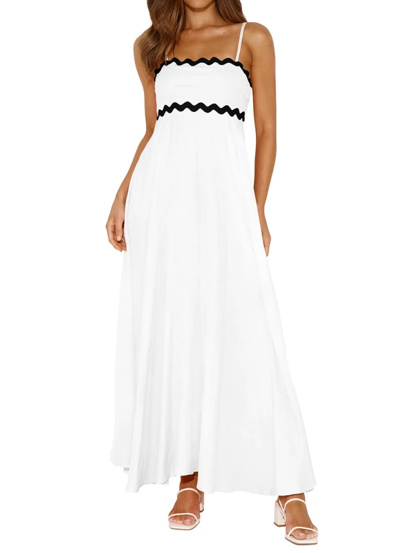 PRETTYGARDEN Womens Spaghetti Strap Maxi Dresses 2025 Summer Casual Sleeveless Smocked Boho A Line Long Flowy Beach Sundress, White, S