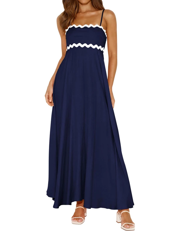 PRETTYGARDEN Womens Spaghetti Strap Maxi Dresses 2025 Summer Casual Sleeveless Smocked Boho A Line Long Flowy Beach Sundress, Navy, S