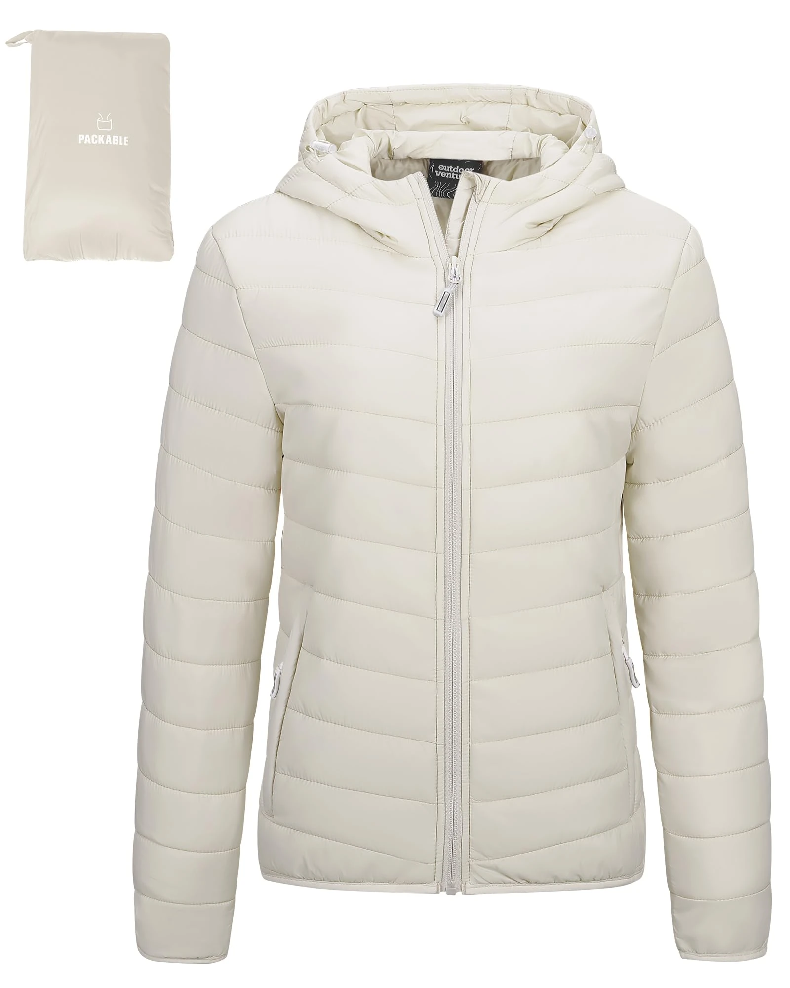 Outdoor Ventures Women's Winter Lightweight Puffer Jacket with Hood, Warm, Short, Packable, Quilted, Transitional, Padded Jacket for Ladies, Lined for Hiking, Travel Beige XS