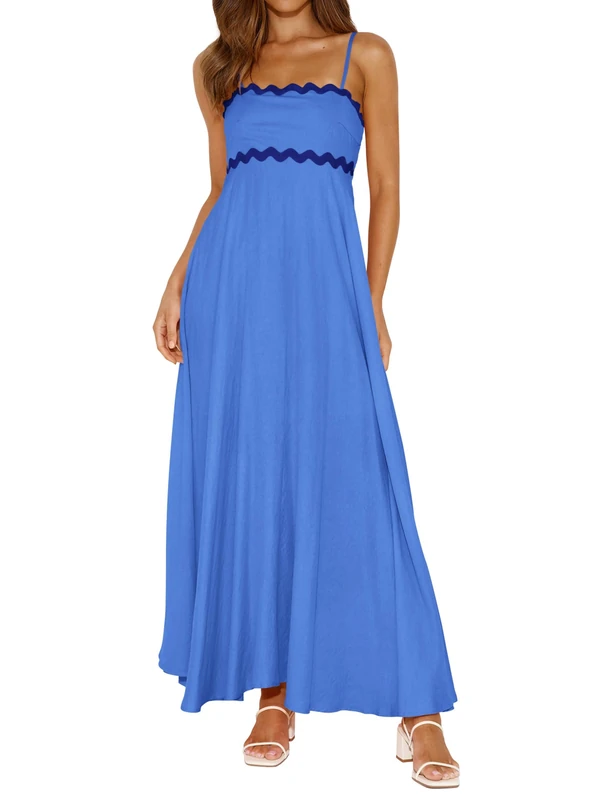 PRETTYGARDEN Womens Spaghetti Strap Maxi Dresses 2025 Summer Casual Sleeveless Smocked Boho A Line Long Flowy Beach Sundress, Blue, M