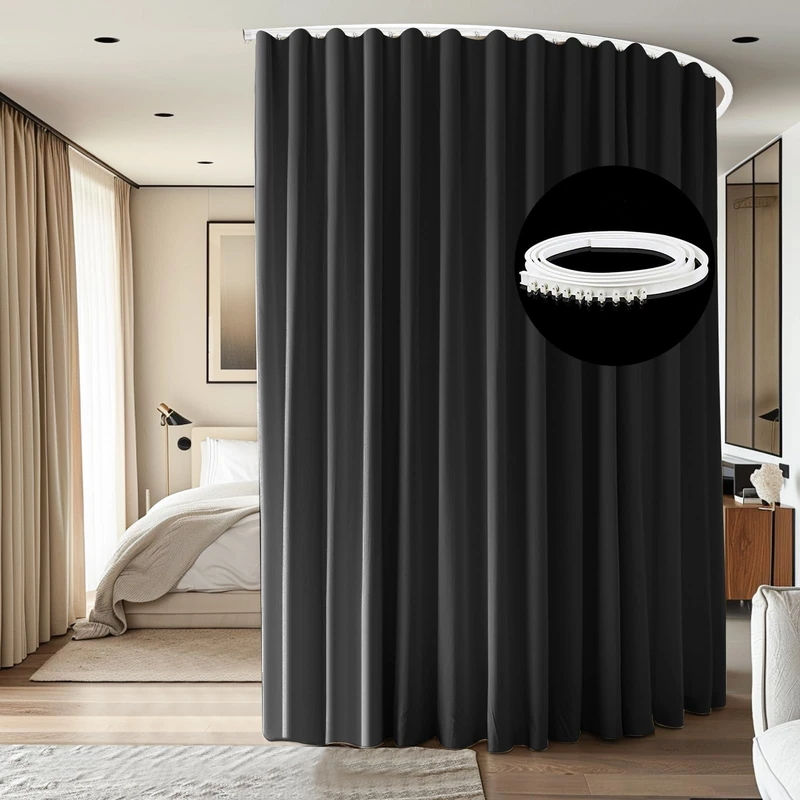 cbsroro Room Divider Ceiling Mounted Curtains Track Sets Extra Wide Blackout Curtain Flexible Tracks for Bedroom Privacy Partition Separator, 1 Panel Black Drape and White Rail, W8.3 x H9ft