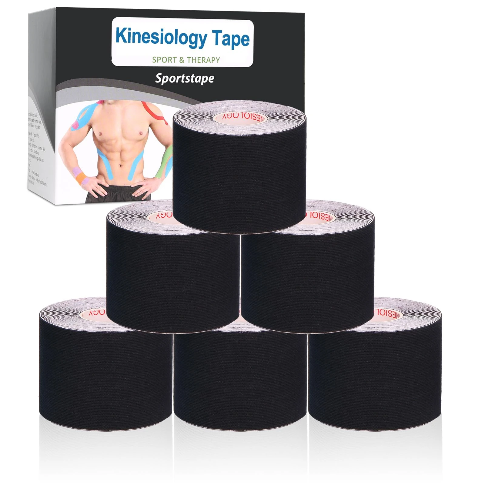 Gotaqery Kinesiology Tape (6 Rolls Pack), Waterproof Elastic Muscle Support Tape for Exercise, Sports & Injury Recovery, Breathable & Latex Free, 5cm x 5m Per Roll (Black)