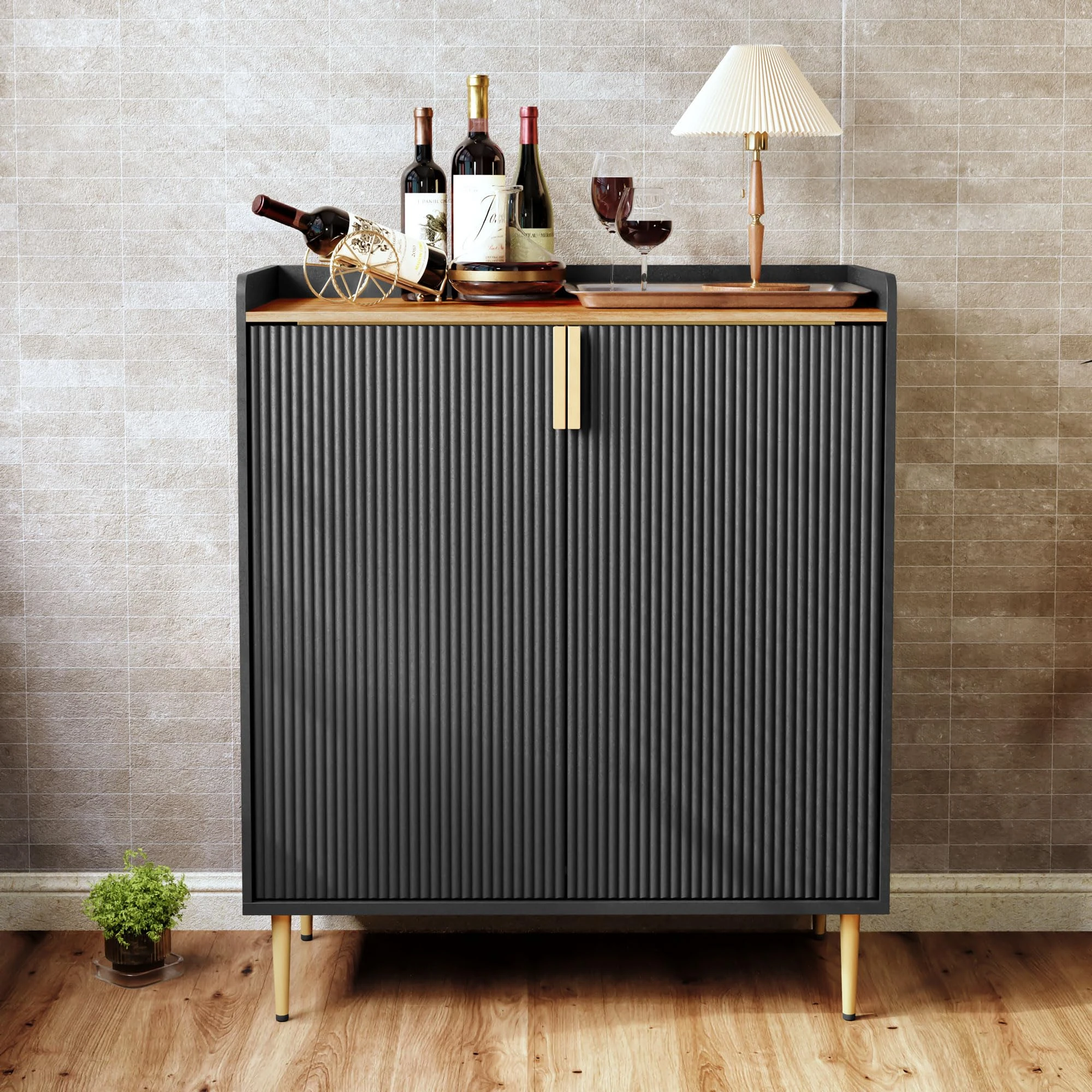 HOLTICO Drinks Cabinet, Wine Cabinet for 9 Bottles Bar Cabinet with Glass Holders Freestanding Wine Rack Sideboard Bar Table Buffet for Living & Dining Room, Black