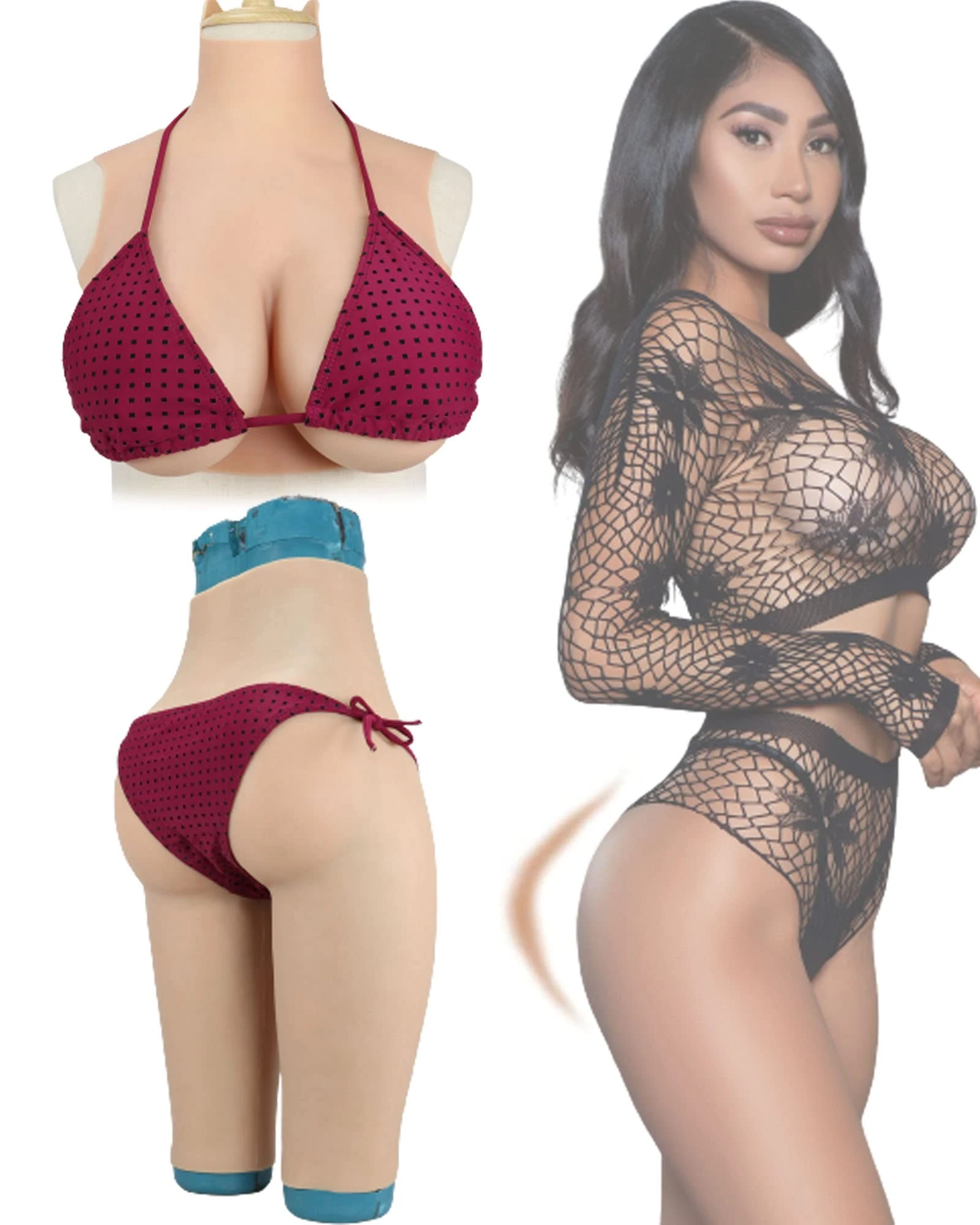 Oppaionaho Silicone Breast Forms Half-Length Silicone Fake Vagina Pants for Transgender Fake Boobs Hip Shaping Pants Set of 2 (#02,I cup Silicone)