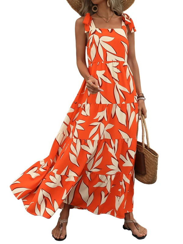 PRETTYGARDEN Women Dresses 2025 Summer Floral Sleeveless Maxi Dress Casual Spaghetti Strap Tiered Flowy Beach Long Dress, F-Orange, S