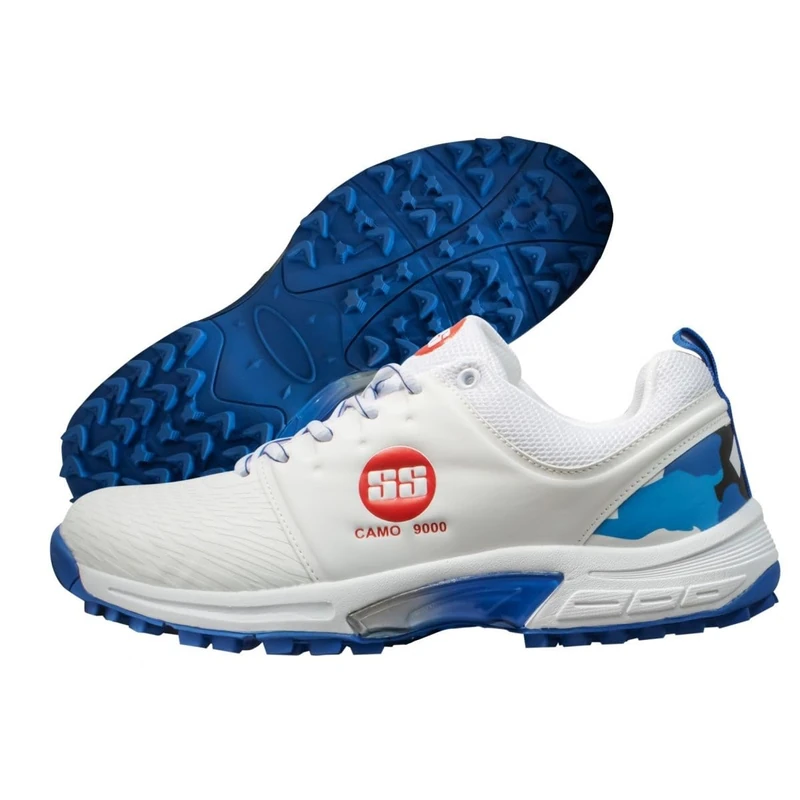 SS Camo 9000 Cricket Shoes | White & Blue | Size: EU 43, UK 9, US 10 | Material: Rubber, Faux Leather & PU | for Boys and Men | Lightweight | Durable Build and Comfortable | Slip Resistant