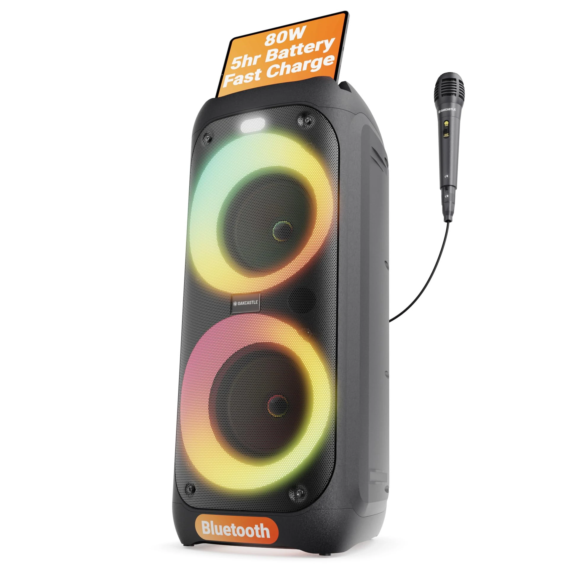 Oakcastle Party Loud Bluetooth Speaker | 80W Karaoke Machine with 5H Playtime | TWS Multi-Speaker Link, Party LED Lights, EQ Control, & Wired Microphone Included | Oakcastle PS200 disco speaker