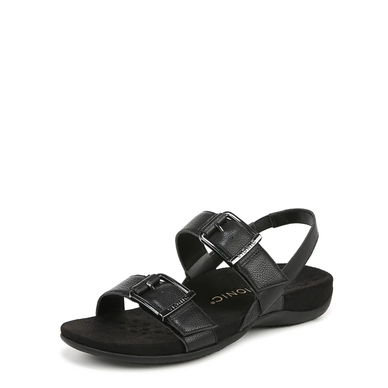 Vionic Women's Reese Flat Sandals, Black Leather, Wide Fit, UK 9