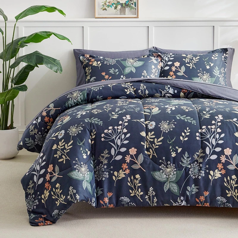 AIKASY 7-Piece Queen Size Bedding Set, Bed in a Bag Comforter Set - Blue Fog Floral Ensemble with Reversible Botanical Flowers Comforter, Sheets, Pillowcases & Shams