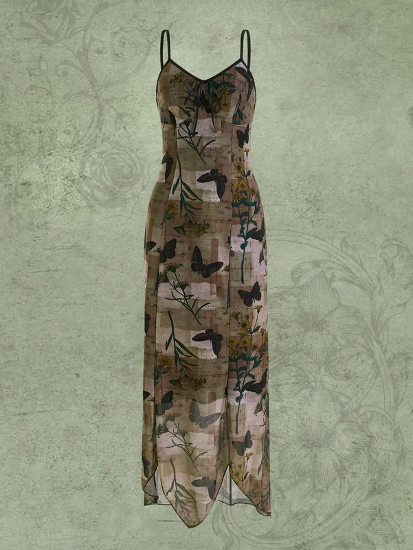 Butterfly & Floral Print Hanky Hem Cami Dress – Boho Style, High Waist, Sleeveless, Slim Fit (Color : Multicolor, Size : Large) - Image 1