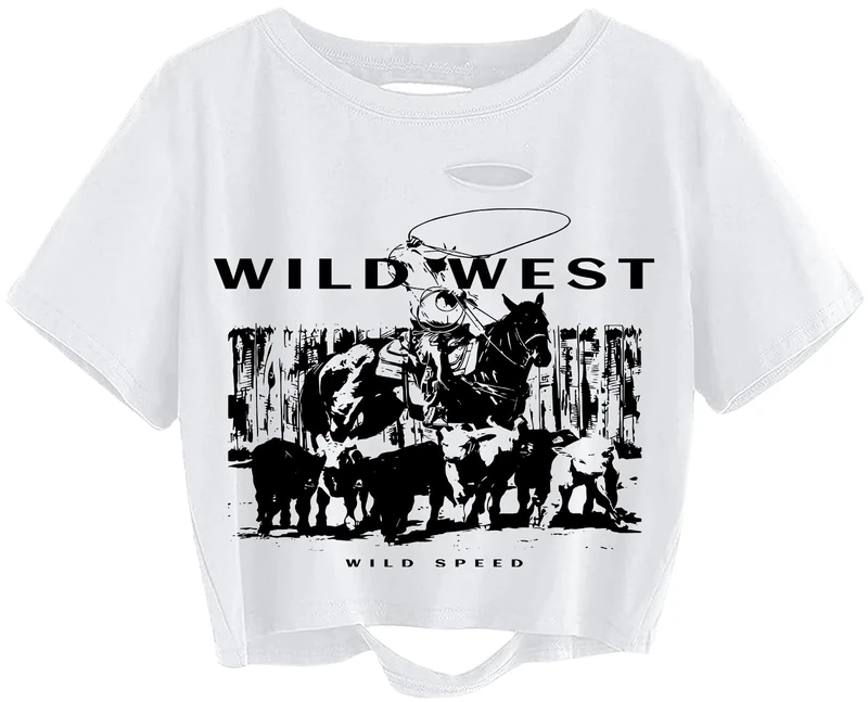 Avanova Women Sun Moon Graphic Distressed Crop Top Oversized Short Sleeve Ripped Tee Shirt Clothing, White Wild, XS