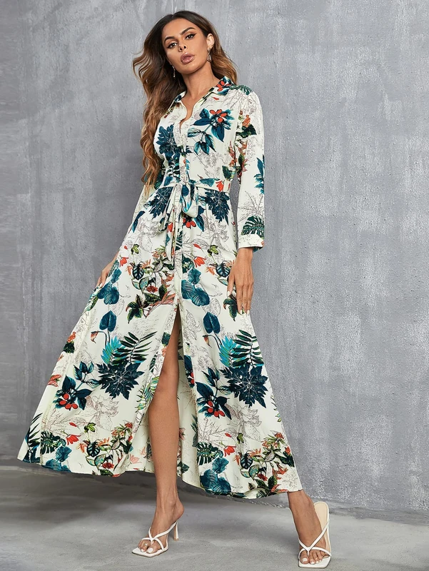 Redsyn Tropical Print Button Front Belted Shirt Dress (Color : Multicolor, Size : X-Large) - Image 1