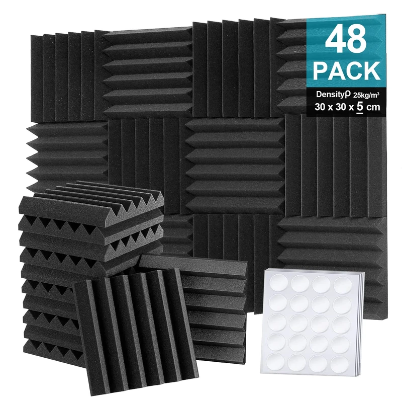 48 Pack Set Acoustic Foam Panels, 2" x 12" x 12" Sound Proofing Panel, Foneso Acoustic Wall Panels, Black Sound Absorbing Panel for Studio/Podcast Recording/Playrooms/Offices (Wedge Tiles)