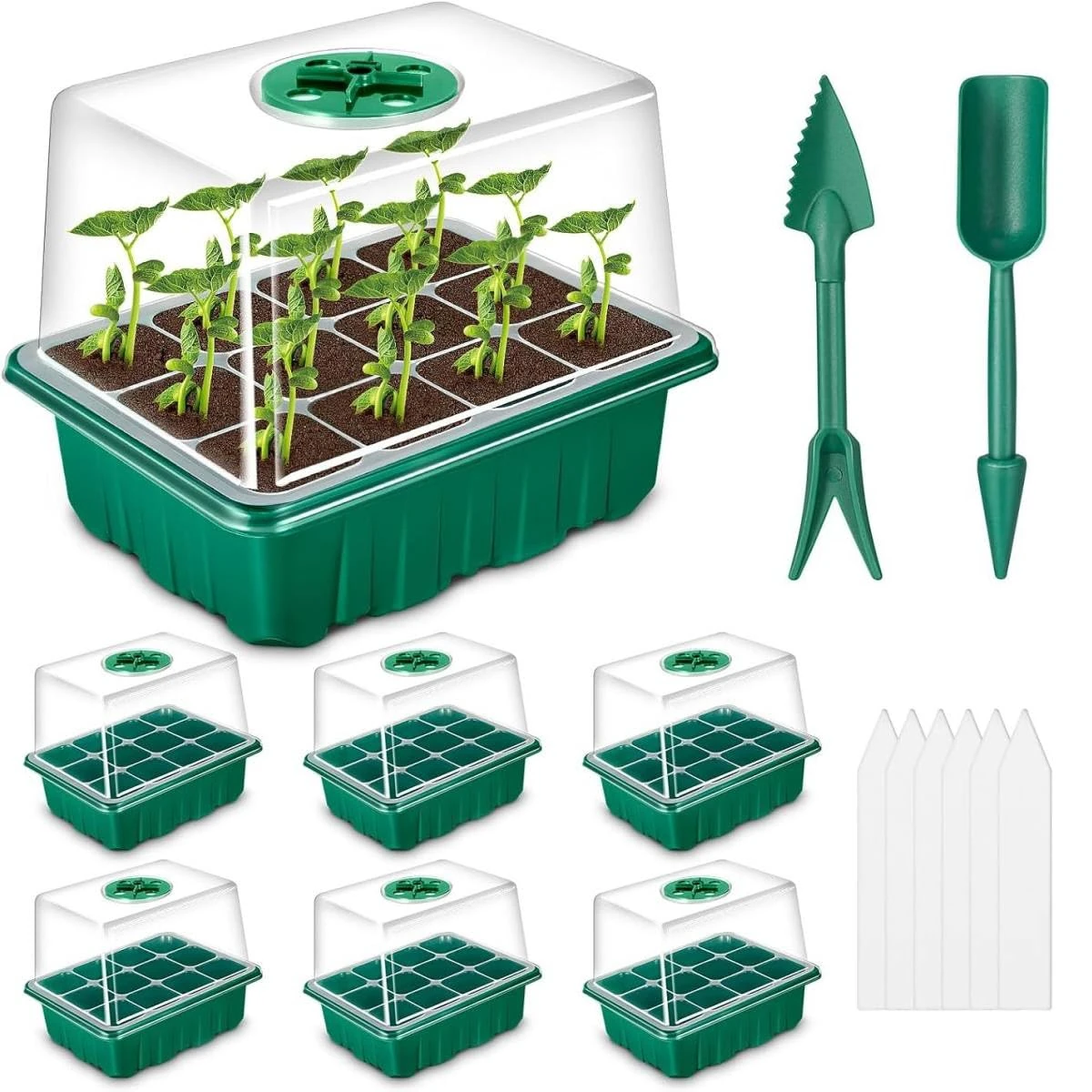 AmoJLnks 6 Pack Seed Tray,72 Cell Seedling Propagation Trays with Elevated Lids,Reusable Plastic Germination Starter Kit for Greenhouse and Garden (6 * 72 Seed Trays)