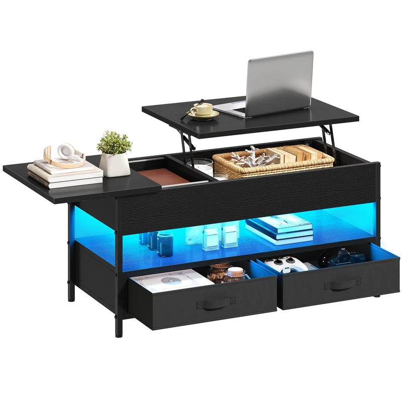 YITAHOME Lift Top Coffee Table, Wood Lifting Table Tea with Storage Shelf, Coffee Tables for Living Room with 2 Drawers and 16 colors LED Light Strip,106 * 50 * 51.5cm