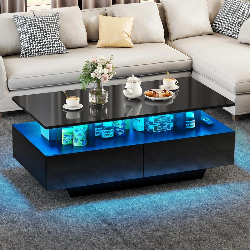 YITAHOME Coffee Table with Storage, High Glossy 16 Color Adjustable LED Coffee Tables for Living Room, Black Coffee Table with Open Display Shelf and 4 Drawers, Modern Wooden Rectangle Tea Table