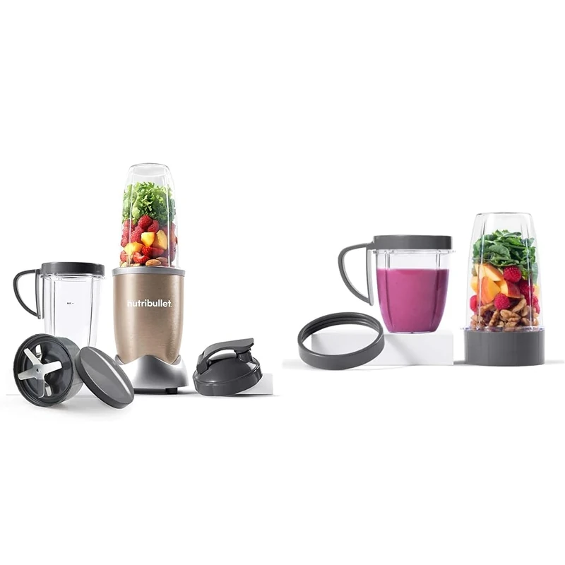 NutriBullet NBLP9 900W Blender Champagne Multi-Function Cold Beverage Smoothie Maker- 2 Cup Sizes and Stay Fresh Lid + NutriBullet Deluxe Upgrade Kit (As Seen on High Street TV), Packaging may vary