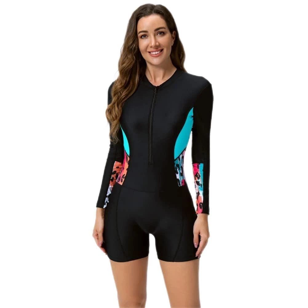 Swimming Costume Women Long Sleeve Floral Zip Up One Piece Boyleg Swimsuit Ladies Muslim Full Body Burkini Modest Swimwear Neoprene Rash Guard Surf Bathing Wet Suits Wetsuit #1009 Black XXL