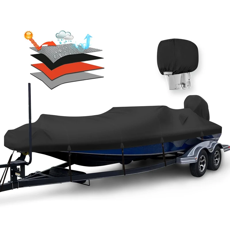 HAHASOLE Heavy Duty 1200D PU Waterproof Boat Cover, 16'-18.5' Trailerable Marine Grade Polyester Canvas, Fits 16-18.5ft V-Hull, Bass Boat, Runabout, Ski, Fishing Boat with Tightening Strap, Black