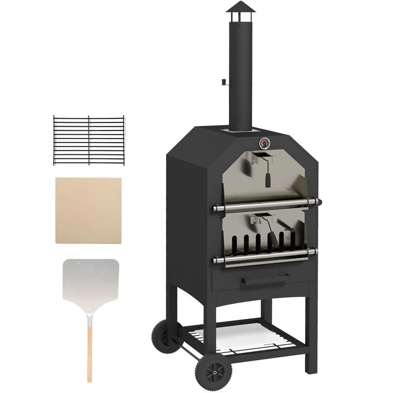Outsunny 2-in-1 Outdoor Pizza Oven 3-Tier Freestanding Charcoal BBQ Grill with Rain Cover, Chimney, Thermometer, Bottom Shelf, Anti-scald Handles, Wheels for Garden Party Gathering