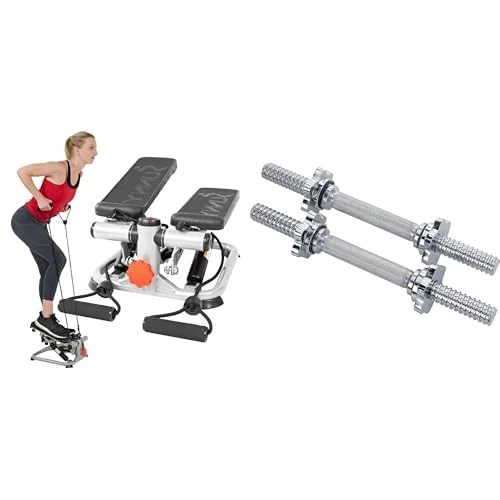 Sunny Health & Fitness Advanced Mini Home Steppers with Resistance Bands - SF-S0978 + Sunny Health & Fitness 35.5 cm (14") Threaded Chrome Dumbbell Bar