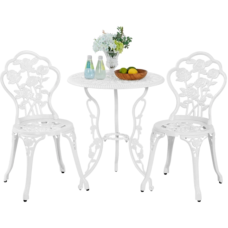 Yaheetech 3 Piece Patio Bistro Table Set Garden Furniture Set, Aluminum Table and Chairs Outdoor Patio Furniture, Rose Design Dinging Table and Chairs for Balcony Garden Porch, White