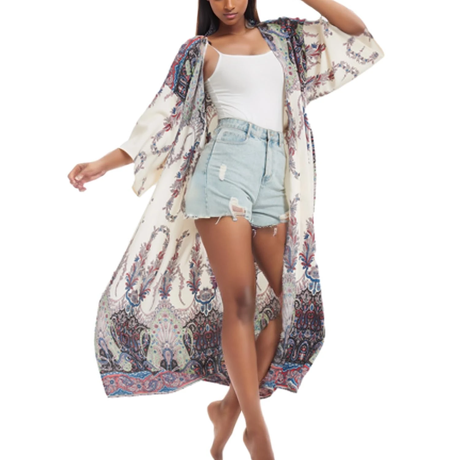Women's Summer Boho Loose Bikini Swimwear Cover Up Long Kimono Flowy Cardigan Swimsuit Beachwear