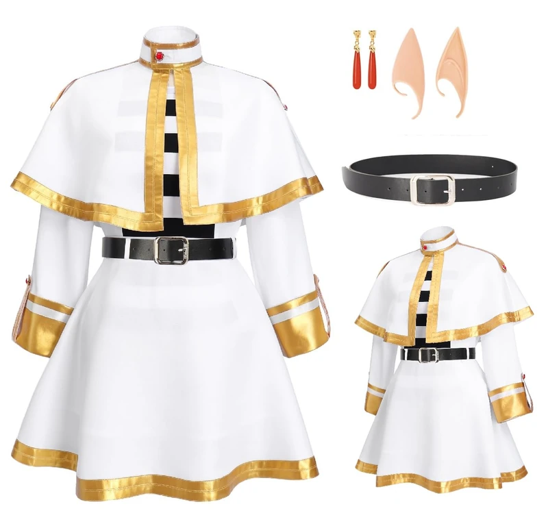 DAZCOS Frieren Costume Elf Cosplay White Cape Skirt Uniform with Pantyhose Belt Ears Halloween Outfit (Large)