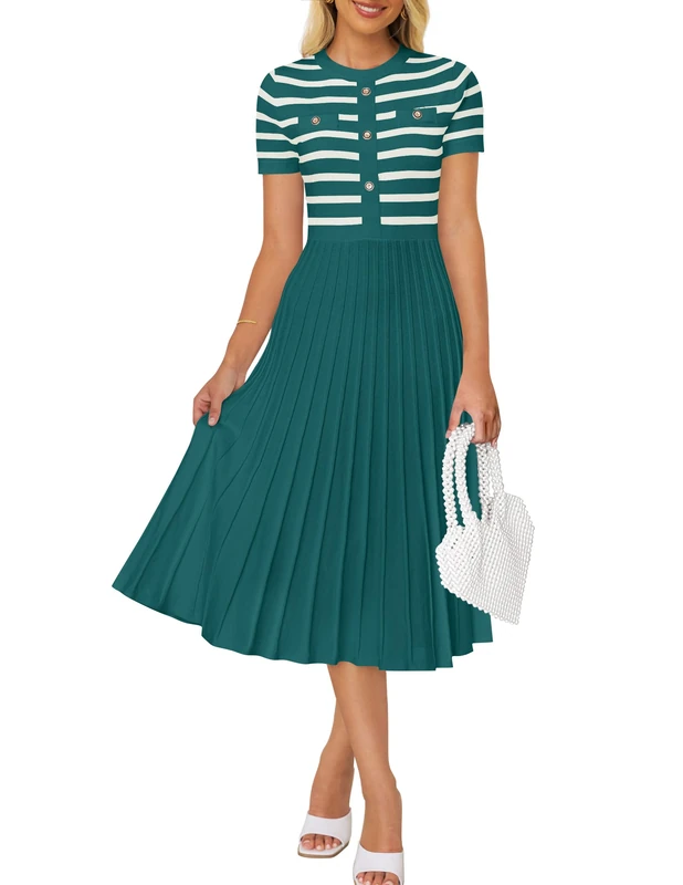 ZESICA Women's Casual Striped Midi Dress Crewneck Short Sleeve Button Ribbed Knit Swing Pleated A Line Dresses, DarkGreen, S