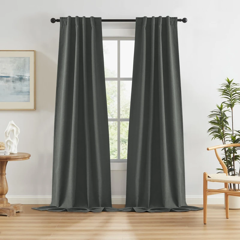 KEQIAOSUOCAI Dark Grey Blackout Curtains for Patio, 108 Inch Length, Total Sun Blocking Curtains for Living Room, Loop Hooks, Belt, 34 Inch Width, 2 Panels