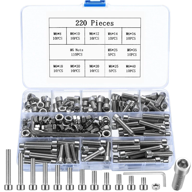 HAOCHEN 220pcs M6 304 SS Bolt & Nut Set with 2 Wrenches - Hex Socket