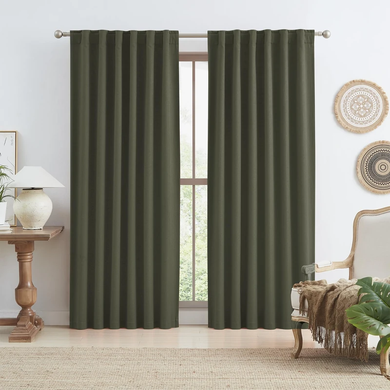 KEQIAOSUOCAI Dark Olive Green Blackout Curtains 84 Inches Long 2 Panels Set- Faux Linen Textured Black Out Thermal Insulated Noise Reduction Winodw Draper for Bedroom and Living Room 50x84-in