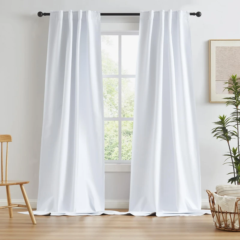 KEQIAOSUOCAI White Blackout Curtains 108 Inches Long 2 Panels Back Tab Pocket Hook Belt Full Black Out Thermal Insulated Thick Window Draperies for Living Room 34x108