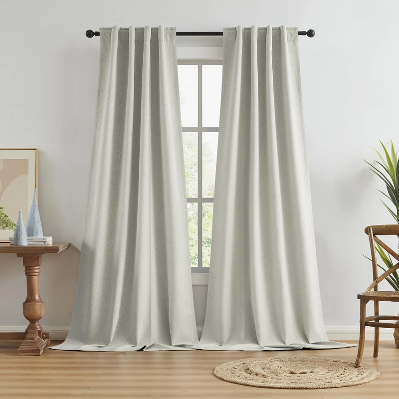 KEQIAOSUOCAI Greyish Beige Blackout Curtains 105 Inches Long 2 Panels Back Tab Pocket Hook Belt Full Black Out Thermal Insulated Boho Window Draperies for Living Room 34x105