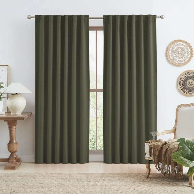 KEQIAOSUOCAI Dark Olive Green Blackout Curtains, Faux Linen Textured Thermal Insulated Noise Reducing Curtains for Bedroom, 50" x 90", 2 Panels
